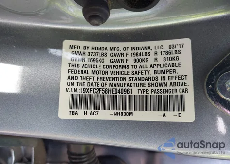 2017 Honda Civic Lx from USA, damaged, VIN 19XFC2F58HE040961